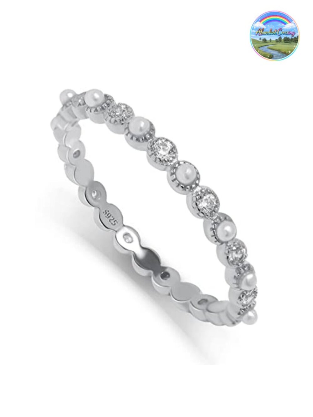 Sterling Silver Stacking Ring with Mother of Pearl and Cubic Zirconia
